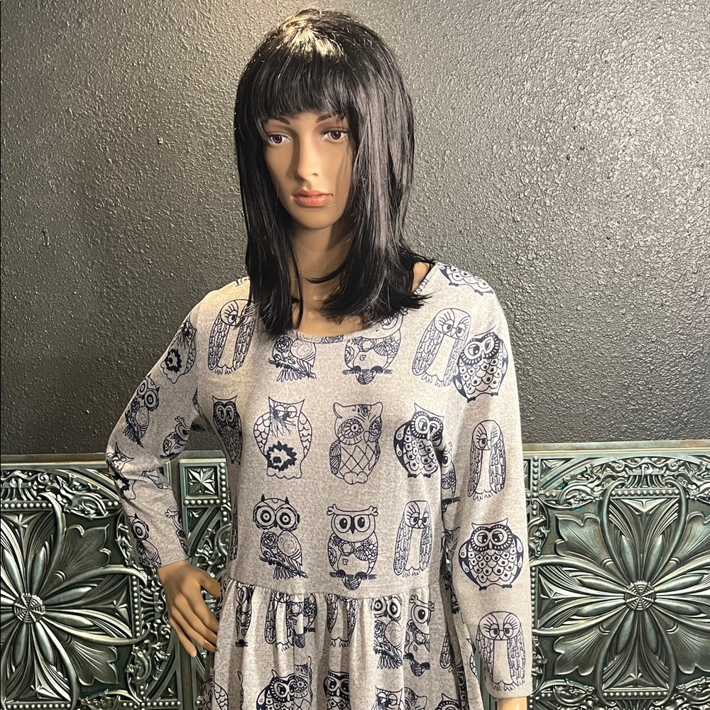 Owl Print Midi Dress - Gray